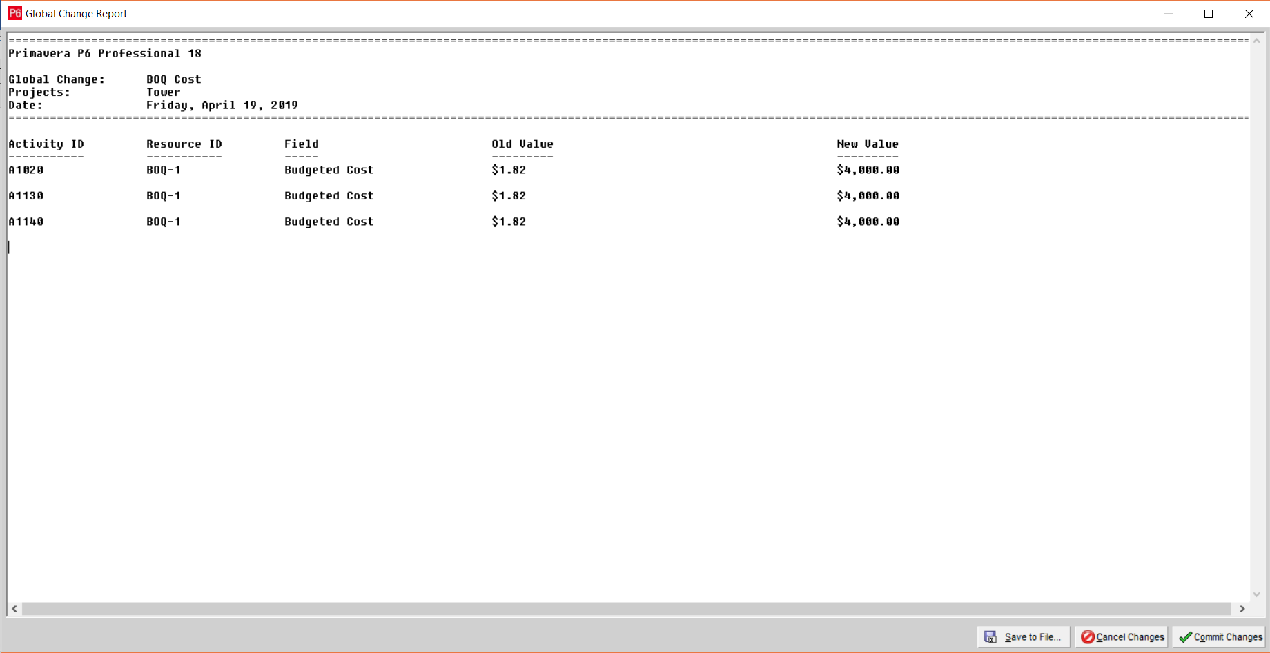 Global change for BOQ Cost Loading in Primavera P6 Confirmation List